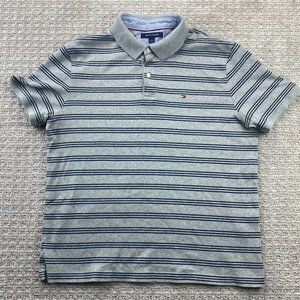 Tommy Hilfiger Polo Shirt Men Large L Gray Blue Striped Casual Golf Embroidered